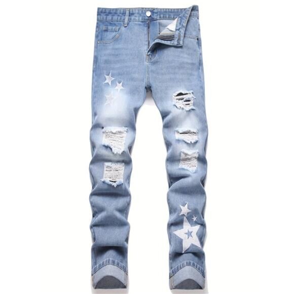 NWT Men's Light Wash Distressed Star Print Jeans - Picture 1 of 9